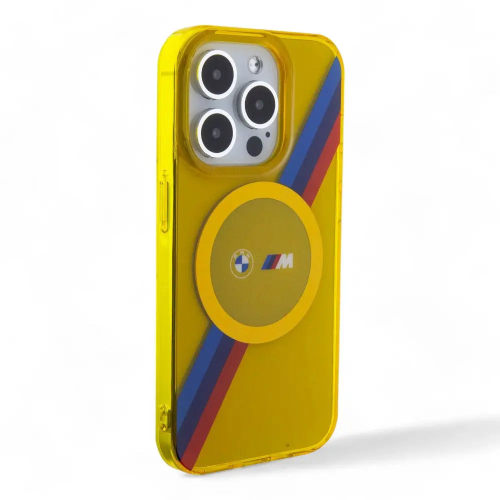 Estuche bmw magsafe iphone 15 pro pc/tpu yellow hard case magsafe m tricolor stripes  color amarillo DIGITALSHOP