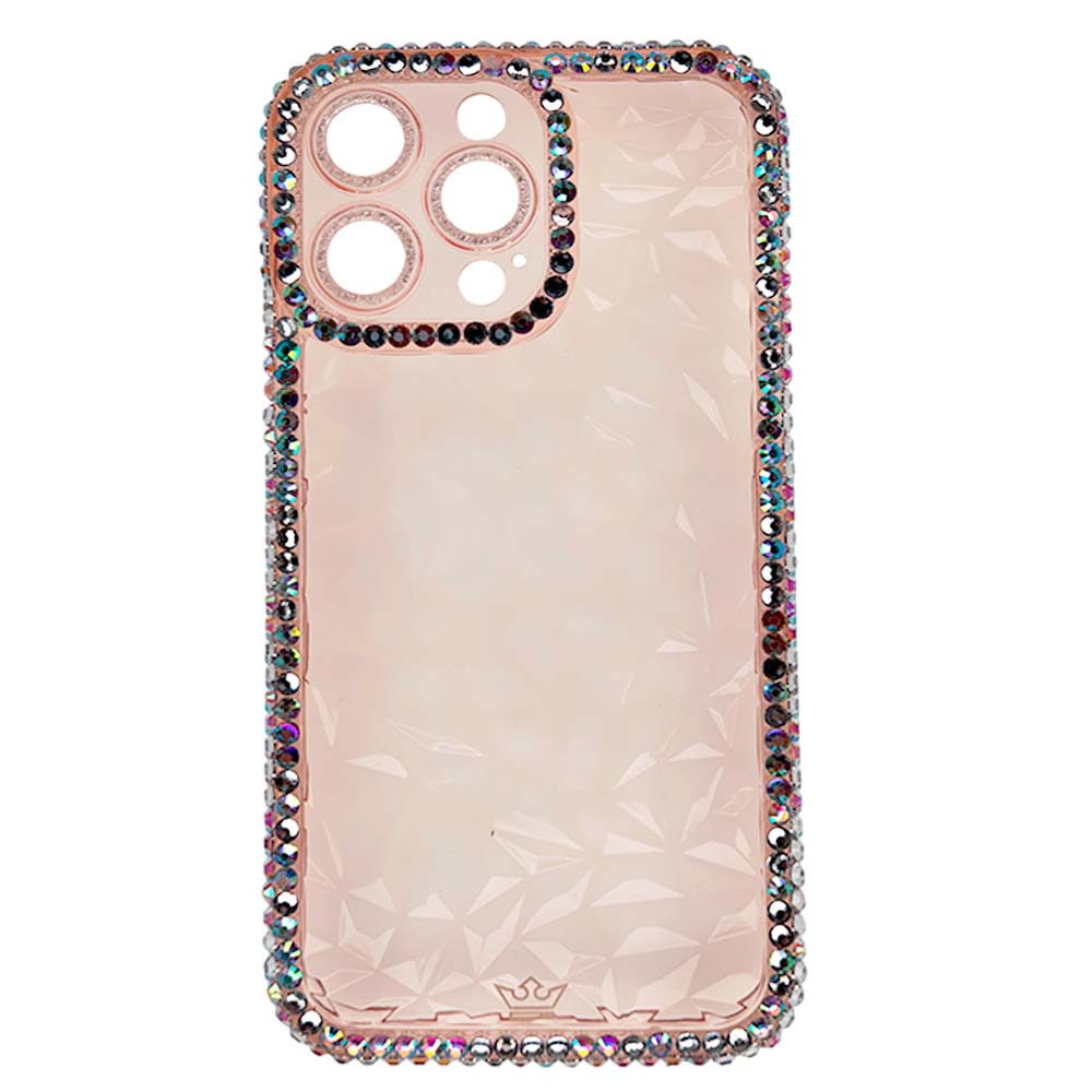 Estuche el rey marco iphone 14 pro max diamantes transparentes color rosado