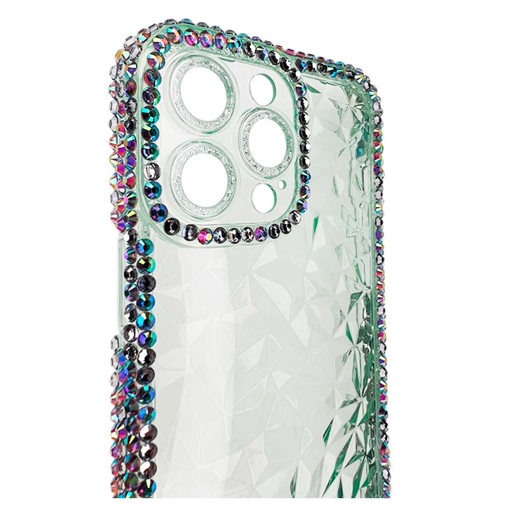 King frame case for iPhone 14 Pro Max with transparent diamonds in green