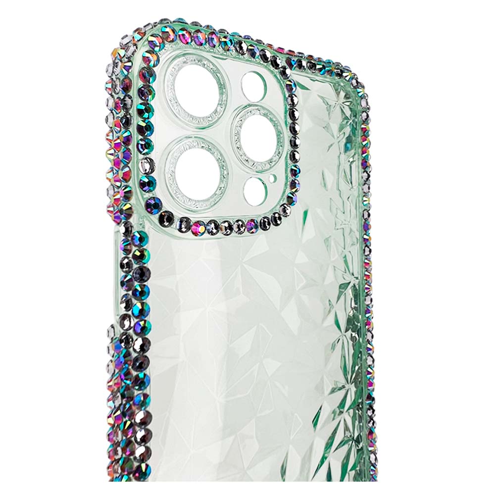 Estuche el rey marco iphone 14 pro max diamantes transparentes color verde