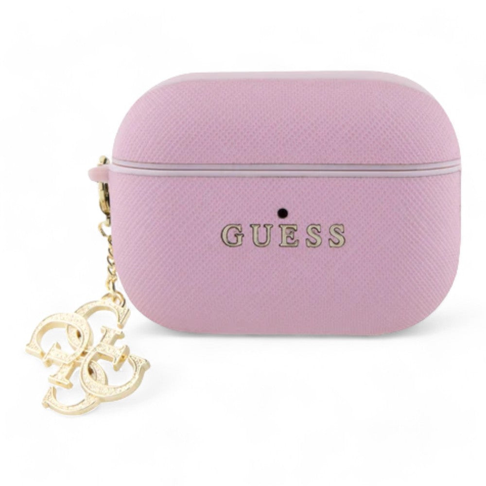 Estuche guess silicon airpods pro 2 saffiano leather pink with 4g charm color rosado