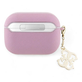 Estuche guess silicon airpods pro 2 saffiano leather pink with 4g charm color rosado