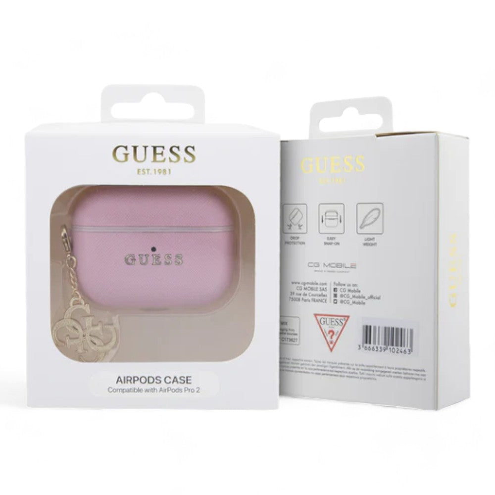 Estuche guess silicon airpods pro 2 saffiano leather pink with 4g charm color rosado