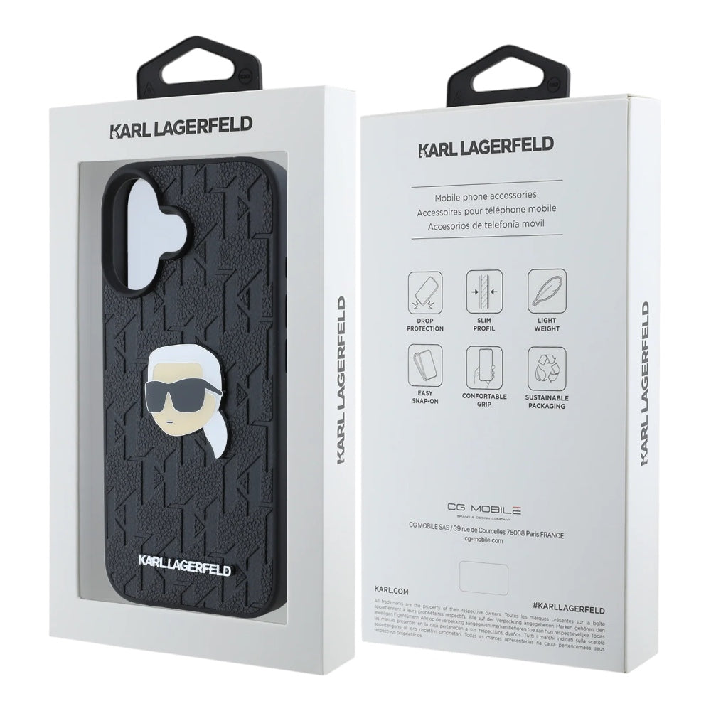 Estuche karl lagerfeld skin iphone 16 karl hc pu monogram k. head pin color negro