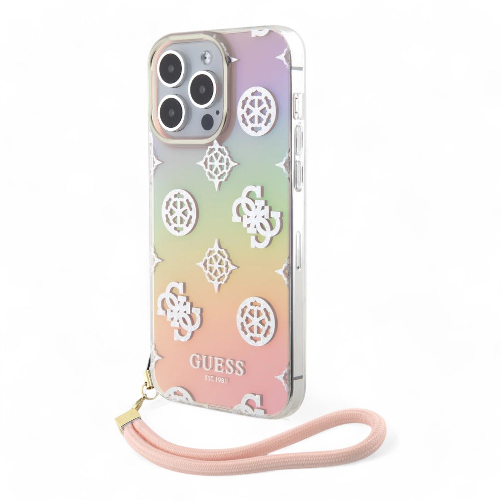 Estuche guess pc tpu iridescent hc glitter pattern peony cordstrap iphone 15 pro max color turquesa