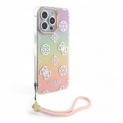 Estuche guess pc tpu iridescent hc glitter pattern peony cordstrap iphone 15 pro max color turquesa