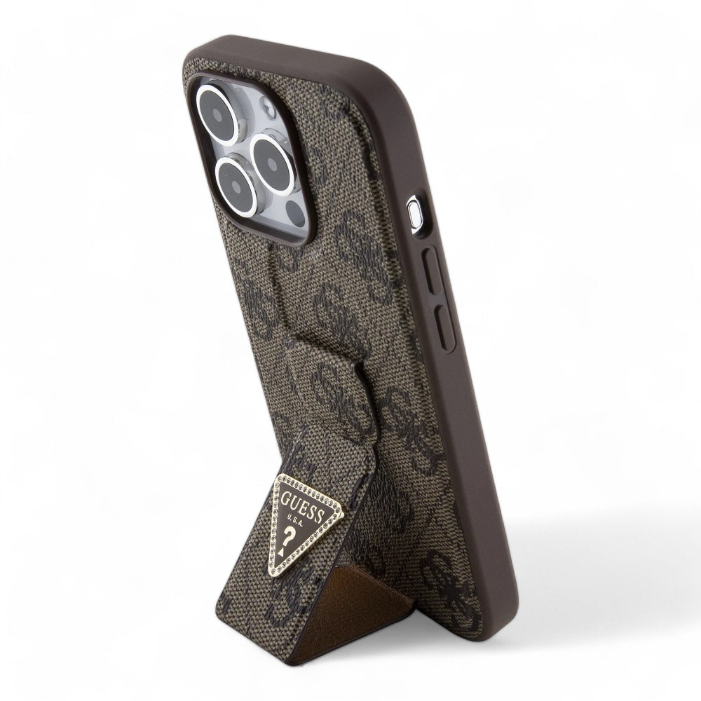 Guess Hc Gripstand Pu 4G Triangle Strass Brown Iphone 15 Pro Max Case Coffee Color