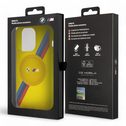 Estuche bmw hc magsafe m tricolor stripes yellow iphone 15 pro max color amarillo