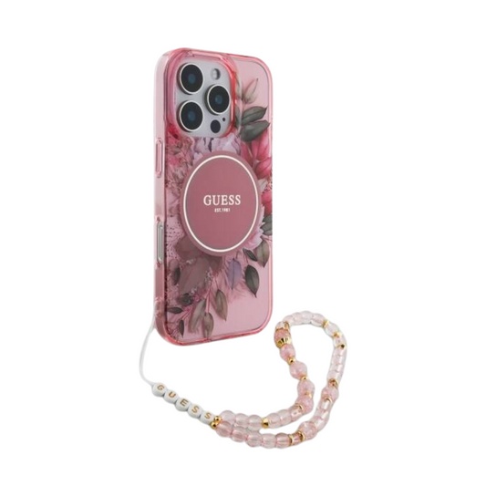 Guess hc magsafe iml flowers with pearl strap pink iphone 16 pro