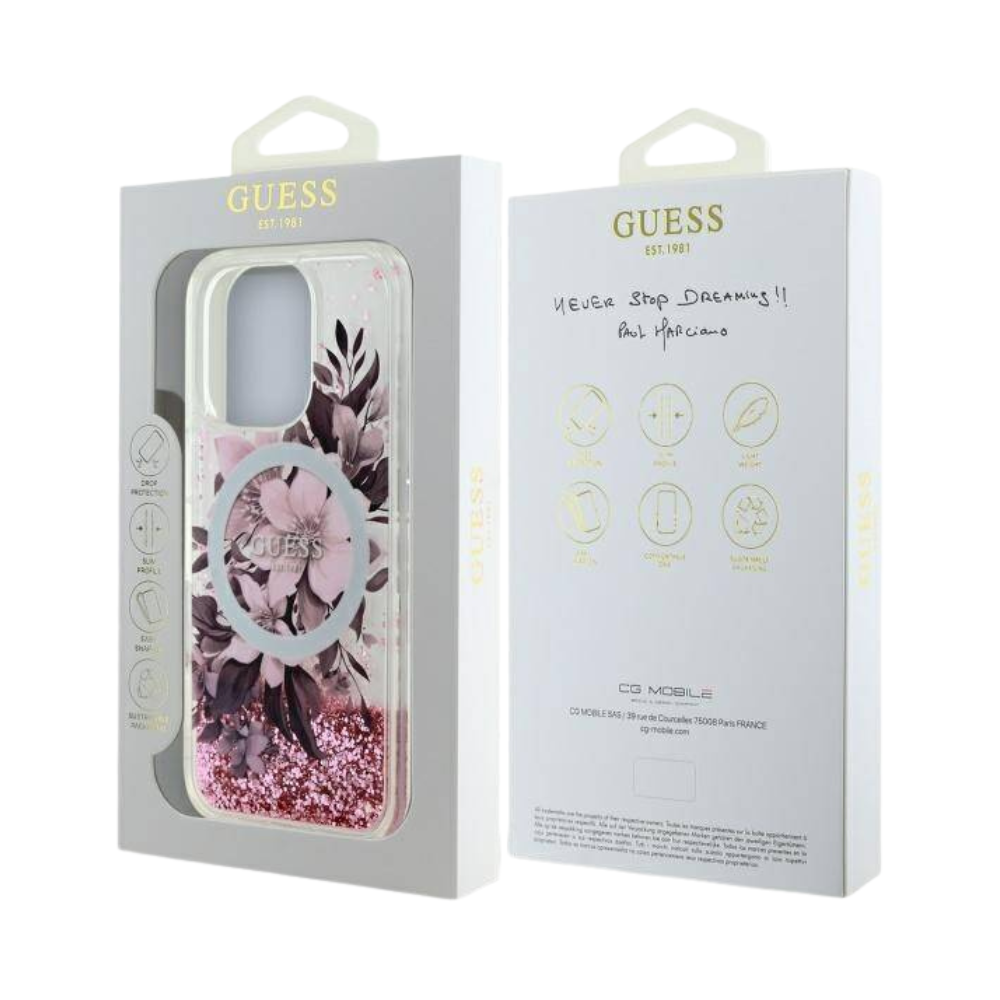 Guess hc magsafe liq. glitter flower pink iphone 16 pro