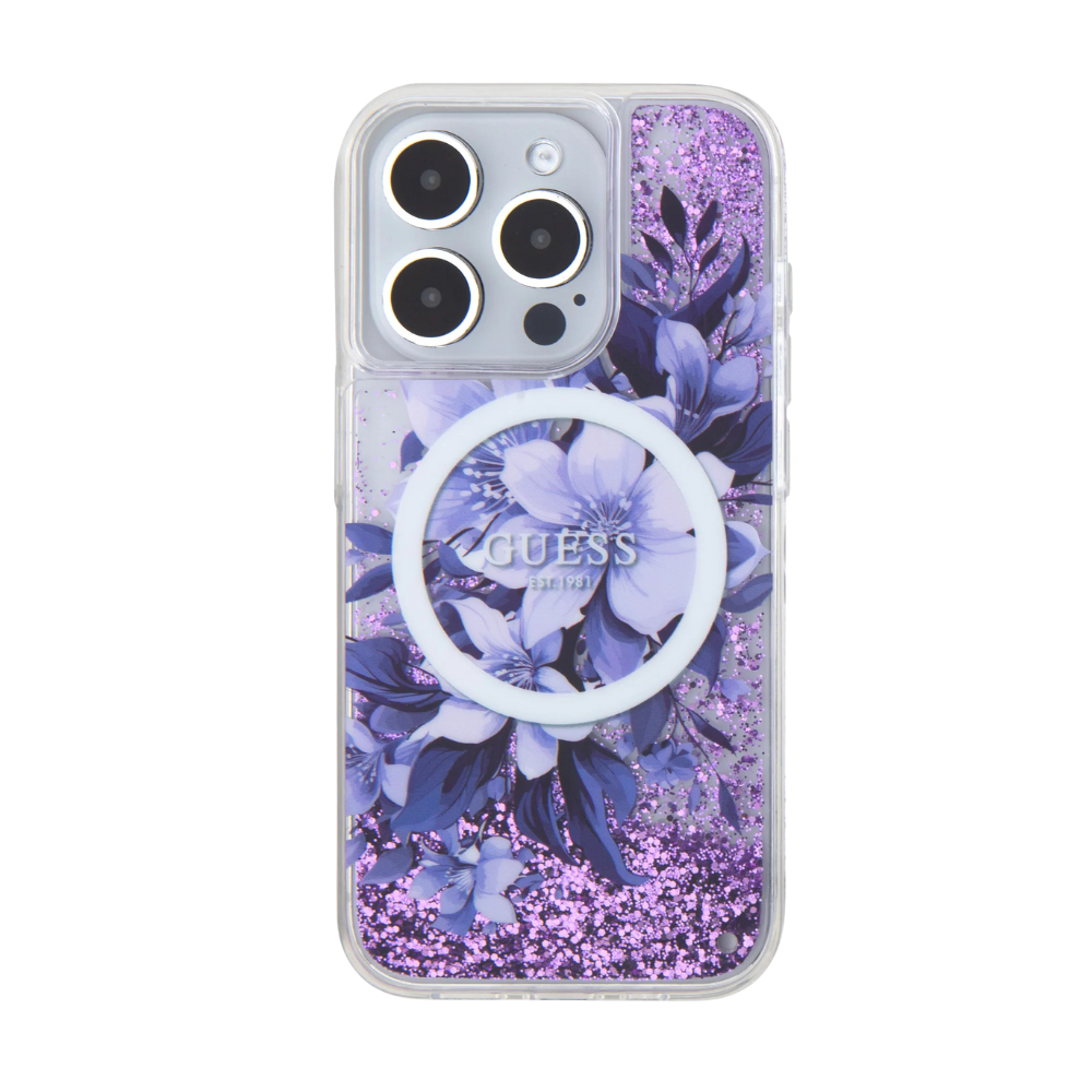 Guess hc magsafe liq. glitter flower purple iphone 16 pro