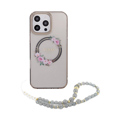 Guess hc magsafe grained pu w/flower charm strap pink iphone 16 pro