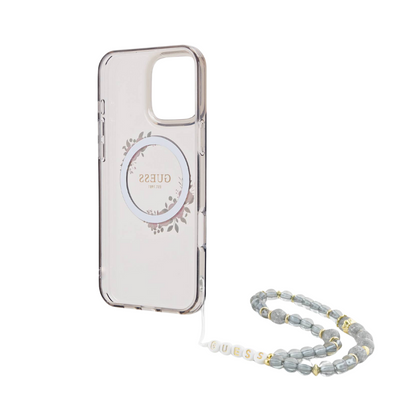 Guess hc magsafe grained pu w/flower charm strap pink iphone 16 pro
