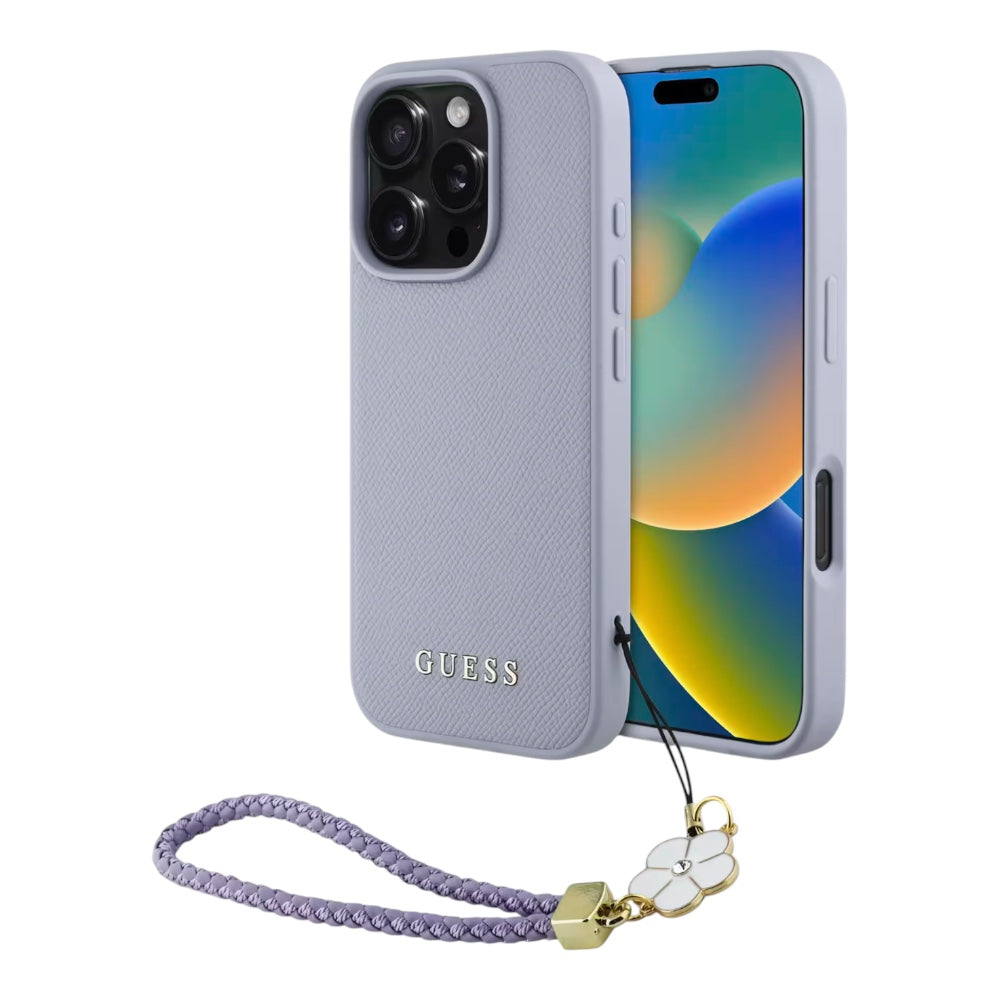 Guess hc magsafe grained pu w/flower charm strap purple iphone 16 pro
