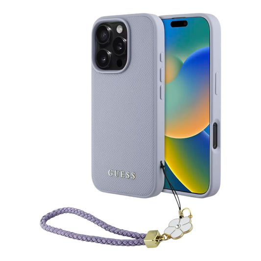 Guess hc magsafe grained pu w/flower charm strap purple iphone 16 pro