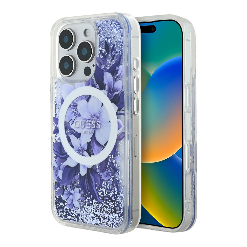 Guess hc magsafe liq. glitter flower purple iphone 16