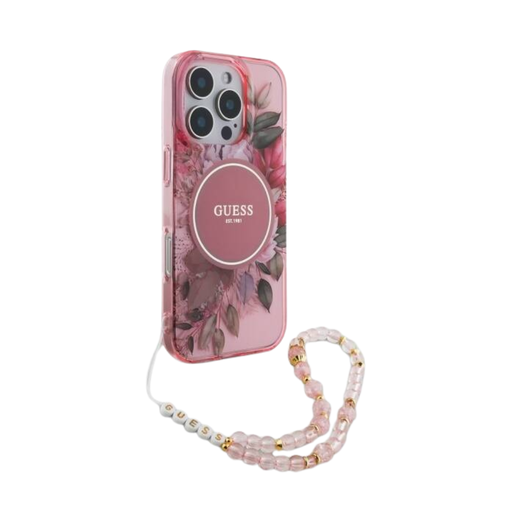 Guess hc magsafe iml flowers with pearl strap pink iphone 16 pro max