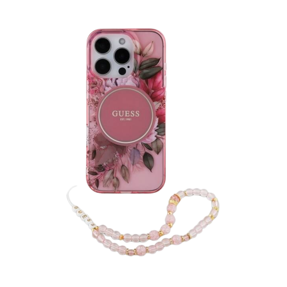 Guess hc magsafe iml flowers with pearl strap pink iphone 16 pro max