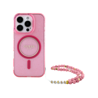 Guess hc magsafe iml glitter with pearl strap pink iphone 16 pro max