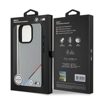 BMW hc m magsafe pu perforated tricolor line grey iphone 16 pro
