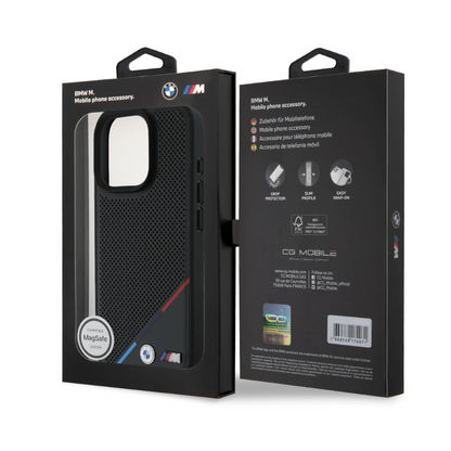 BMW hc m magsafe pu perforated tricolor line black iphone 16 pro