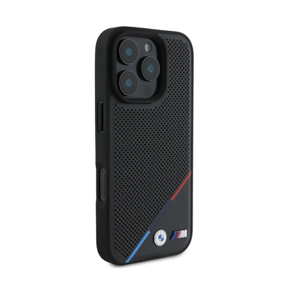 BMW hc m magsafe pu perf. tricolor printed stripes black iphone 16 pro