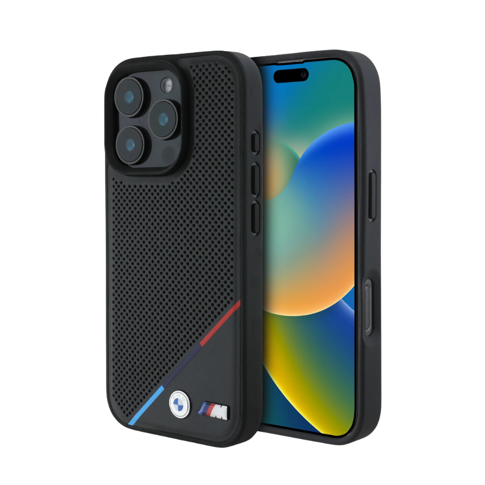BMW hc m magsafe pu perforated tricolor line black iphone 16 pro max