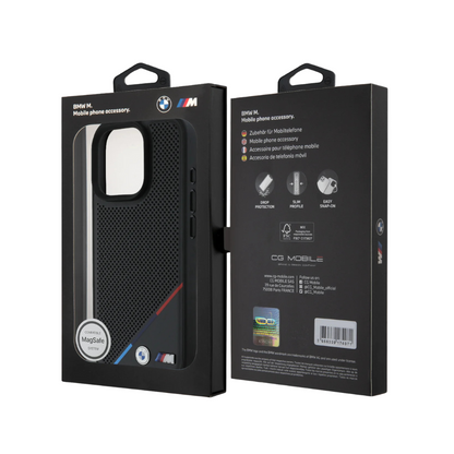 BMW hc m magsafe pu perforated tricolor line black iphone 16 pro max