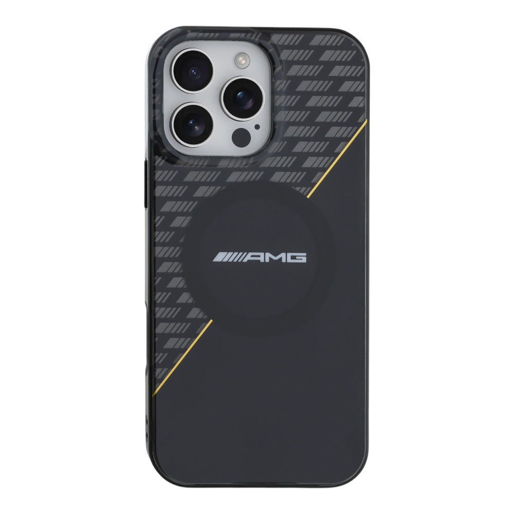 Estuche amg skin iphone 16 pro max amg hc magsafe double layer transparent rhombs black/yellow color negro