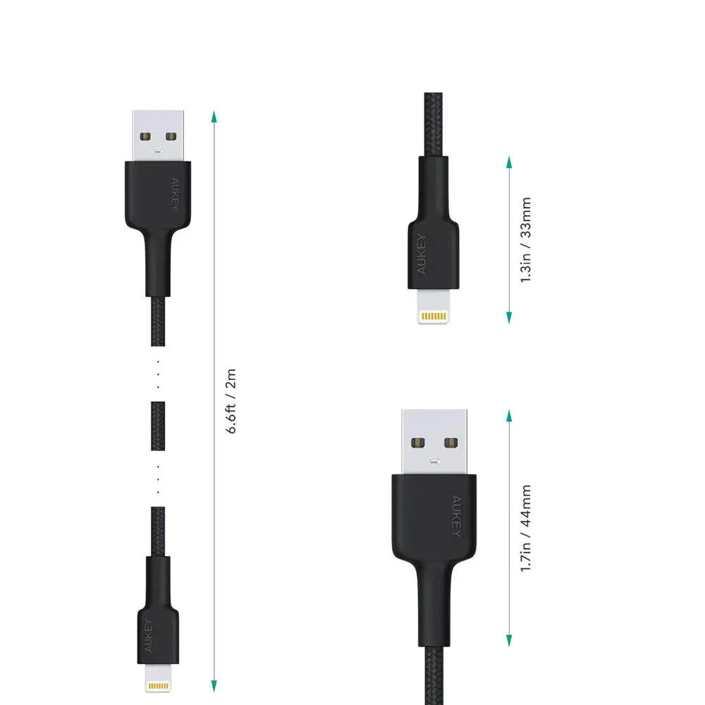 Cable Aukey Adaptador De 2Mts Brained Nylon Usb A A Lightning Color Negro DIGITALSHOP