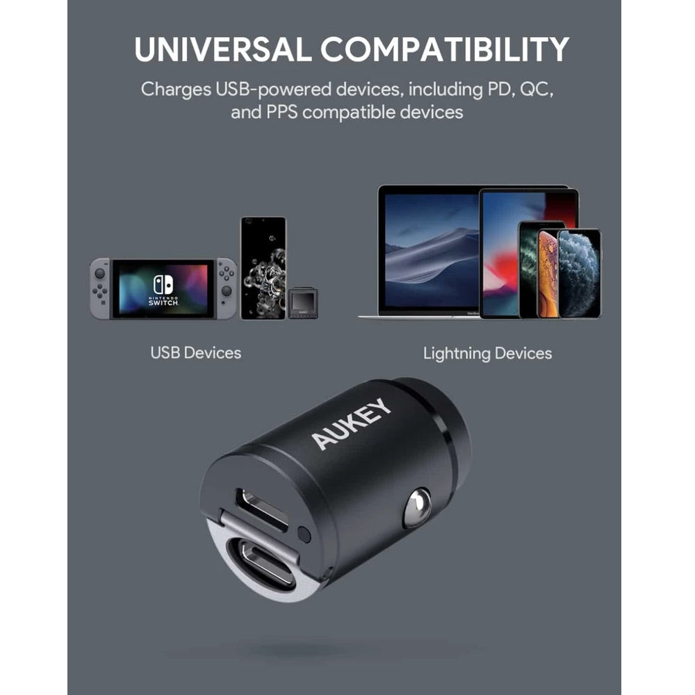 Cargador aukey carro 30 w ultra small 2 port tipo c para color negro