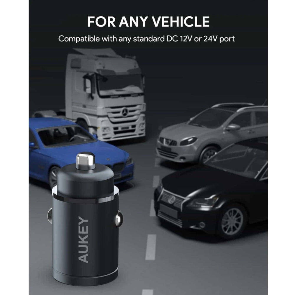 Cargador aukey carro 30 w ultra small 2 port tipo c para color negro