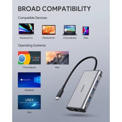 Adaptador aukey hub 8 en 1 con usb c para tablet o computadora