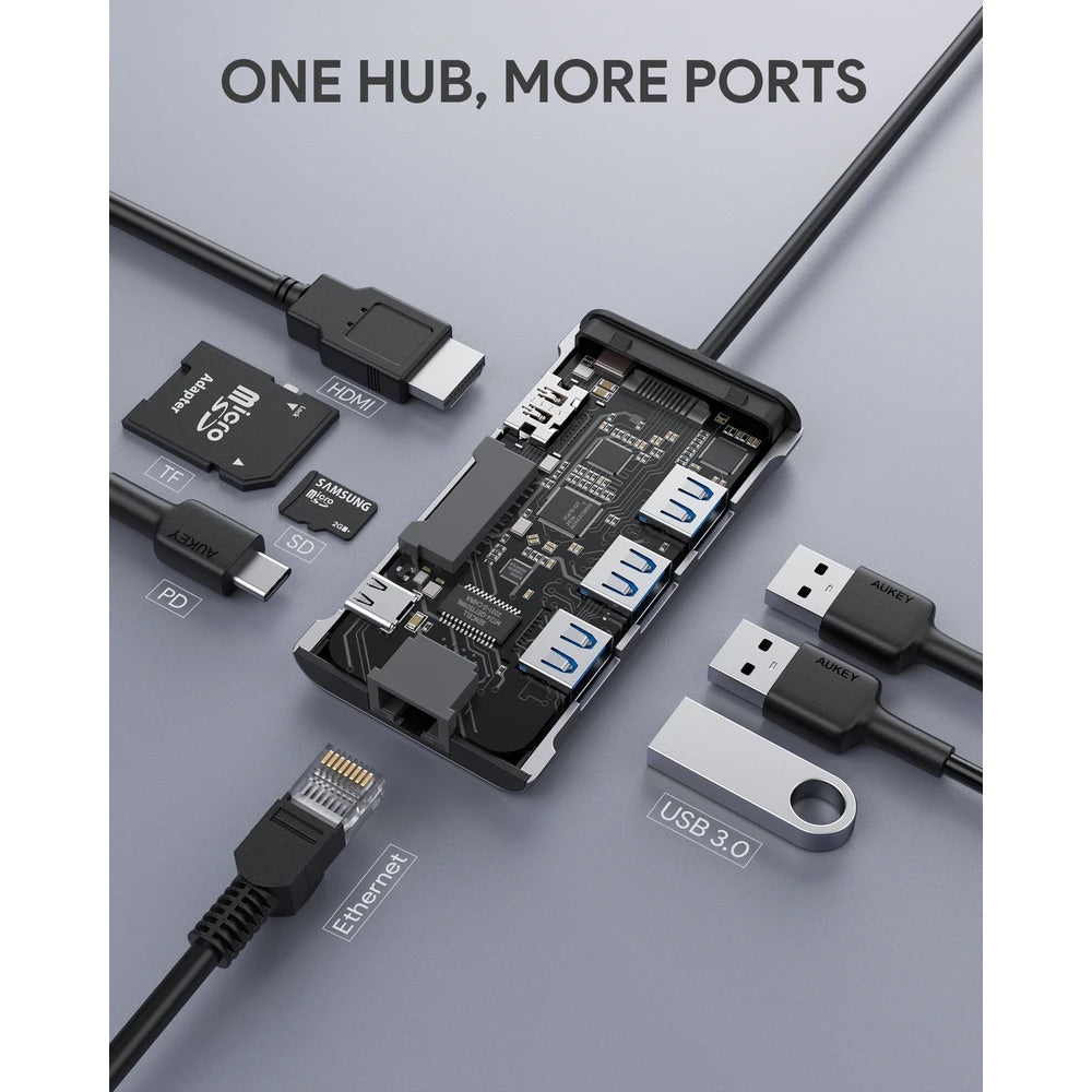 Adaptador aukey hub 8 en 1 con usb c para tablet o computadora