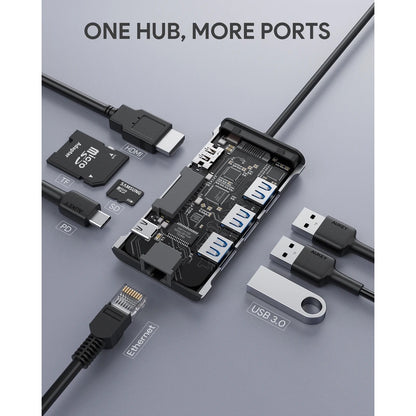Adaptador aukey hub 8 en 1 con usb c para tablet o computadora