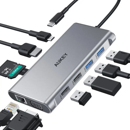 Adaptador Aukey Hub 10 En 1 Con Usb C Hdm 4K Y Vga Color Plateado DIGITALSHOP