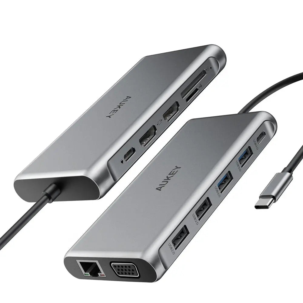 Adaptador Aukey Hub 12 En 1 Con Usb C Hdm 4K Dual Ethernet Y Vga Color Plateado DIGITALSHOP