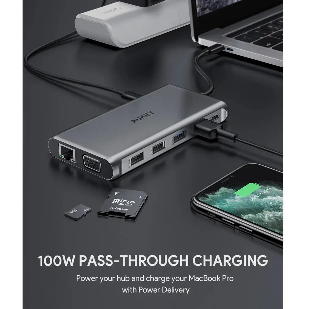 Adaptador Aukey Hub 12 En 1 Con Usb C Hdm 4K Dual Ethernet Y Vga Color Plateado DIGITALSHOP