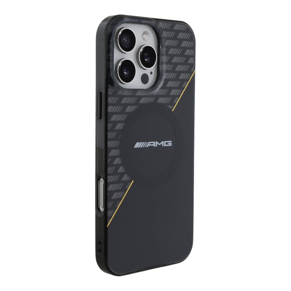 Estuche amg skin iphone 16 pro max amg hc magsafe double layer transparent rhombs black/yellow color negro