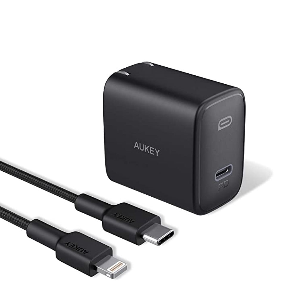 Cargador aukey pared 20w compact pd wall with 2m braided usb c to lightning color blanco / negro